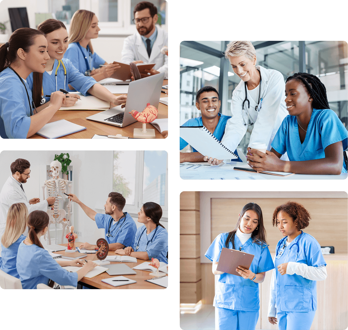 Medical students collaborating in group settings.