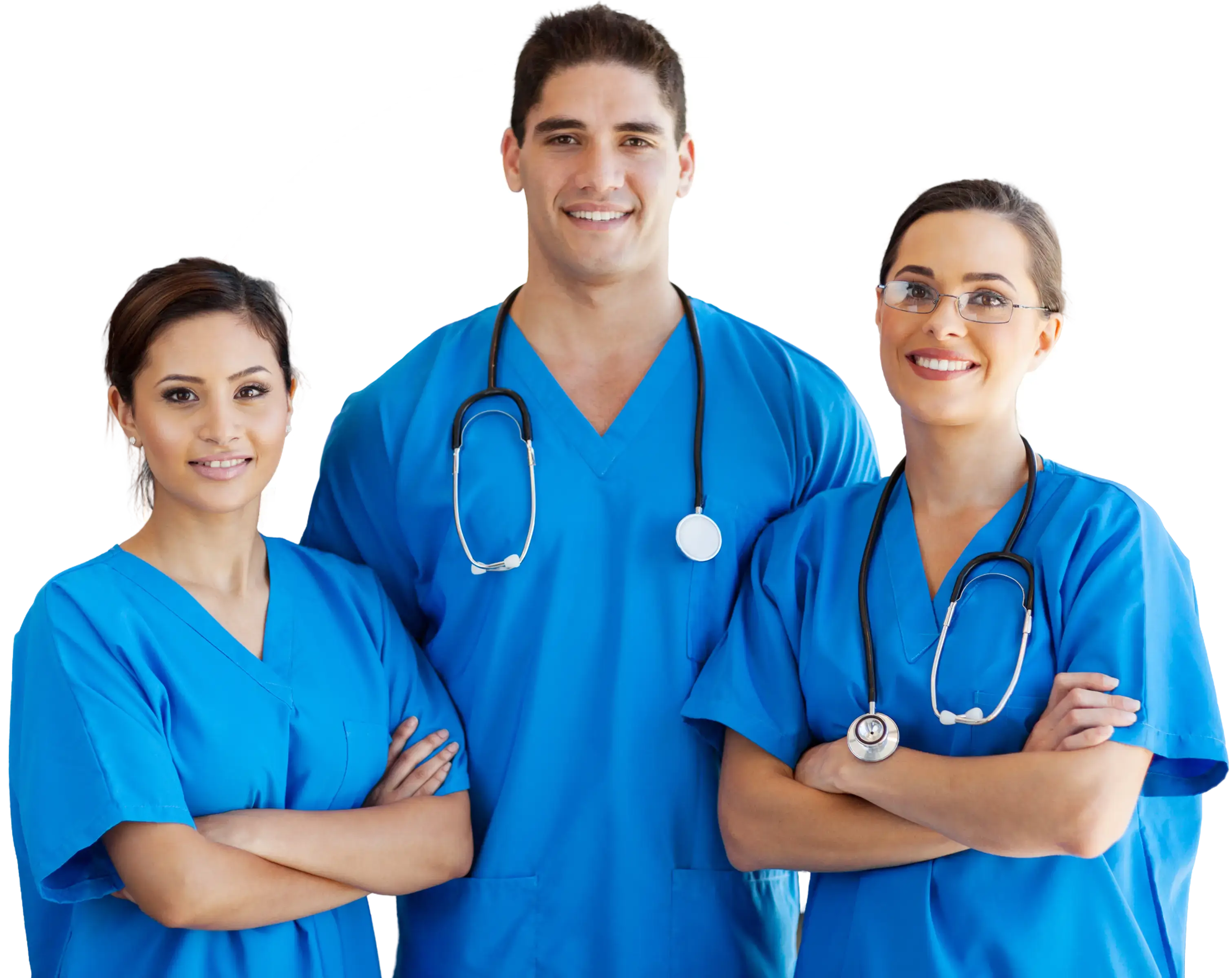 Three healthcare professionals in blue scrubs.