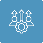 Two people with upward arrows and a gear symbolizing growth and teamwork.