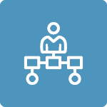 A simple white organizational chart icon on a blue background.